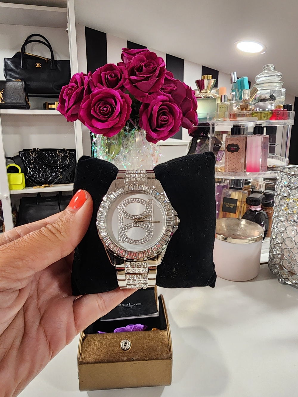 NWT bebe Silver Crystal Rhinestone Bling Women's Bracelet Watch